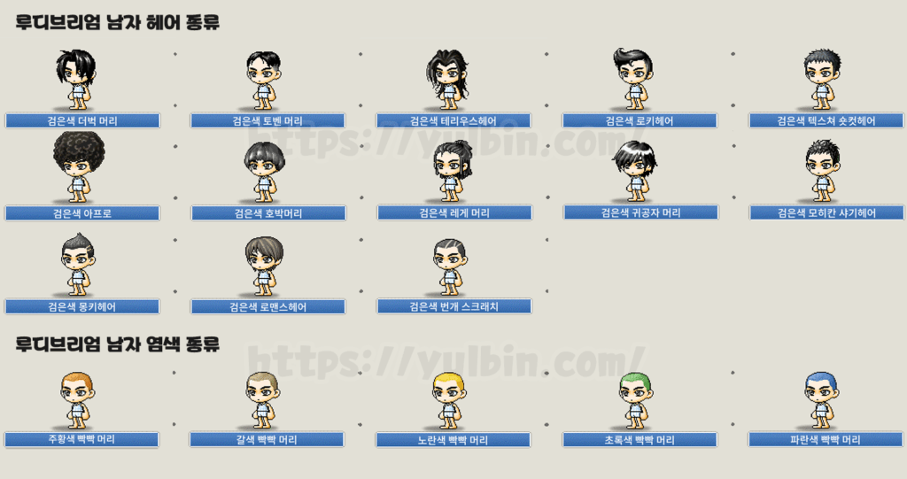 메이플랜드 헤어 염색 종류 정리 성형 및 스킨 종류 11 루디 헤어 남자 수정