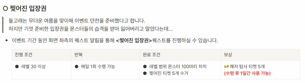 찢어진 입장권 기한 