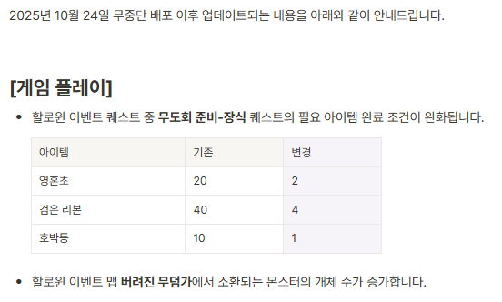 메이플랜드 2025 할로윈 이벤트 빠른 정리 18 무덤가 완화 패치