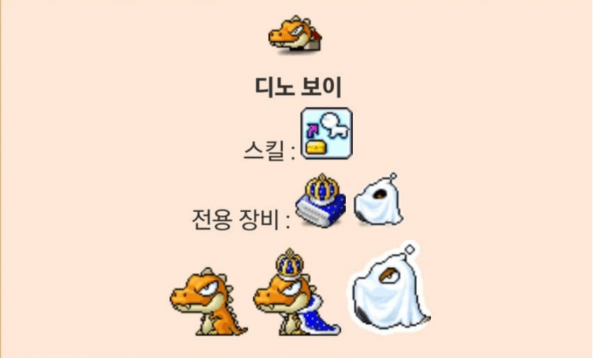 메이플랜드 펫장비 착용이미지 한눈에 보기 5 메이플랜드 디노 보이 전용 장비 착용 이미지